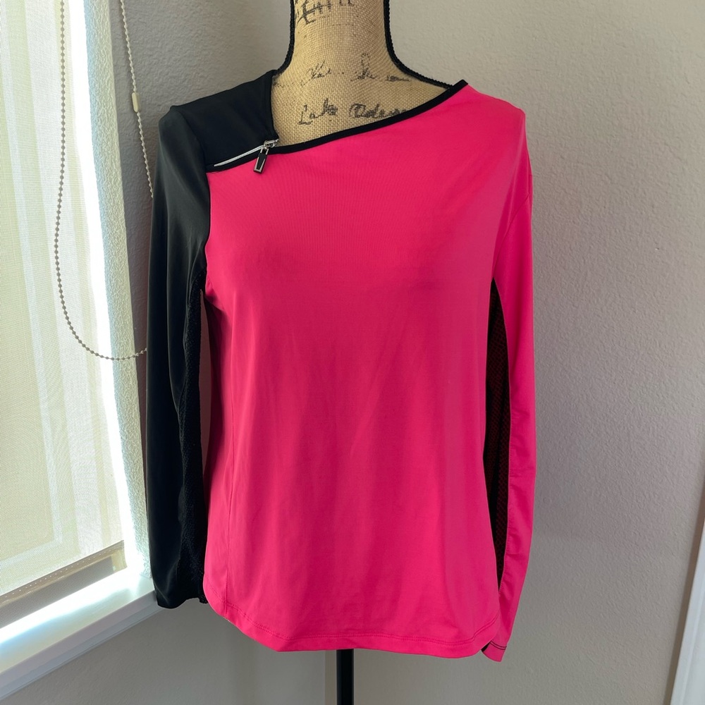 Jamie Sadock Hot Pink & Black Mesh Sleeve Zip Shoulder Golf/Tennis. M